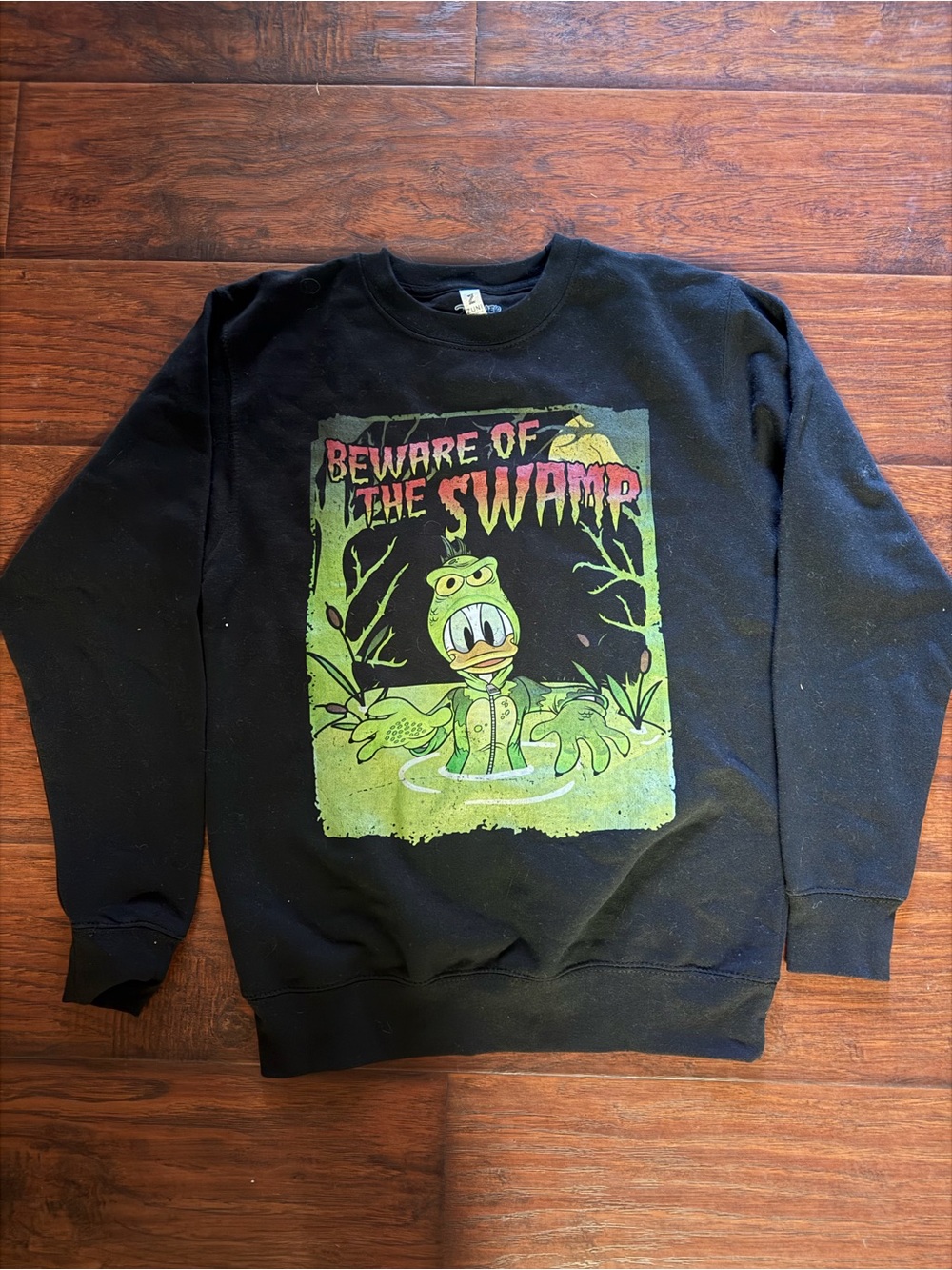 Disney Black Crewneck Sweatshirt with Green 'Beware of the Swamp' Graphic